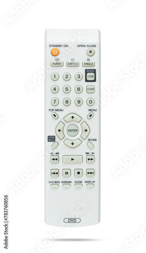 White dvd player remote control, isolated on a transparent background png. Front view.