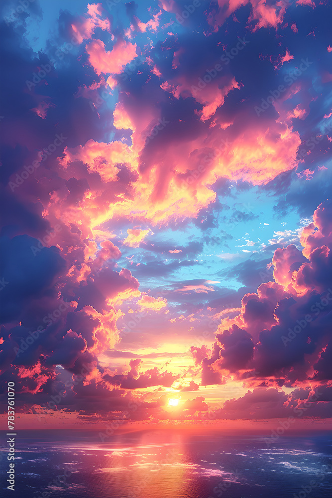 Ocean Horizon View with Radiant Sunset Sky and Clouds, Generative AI