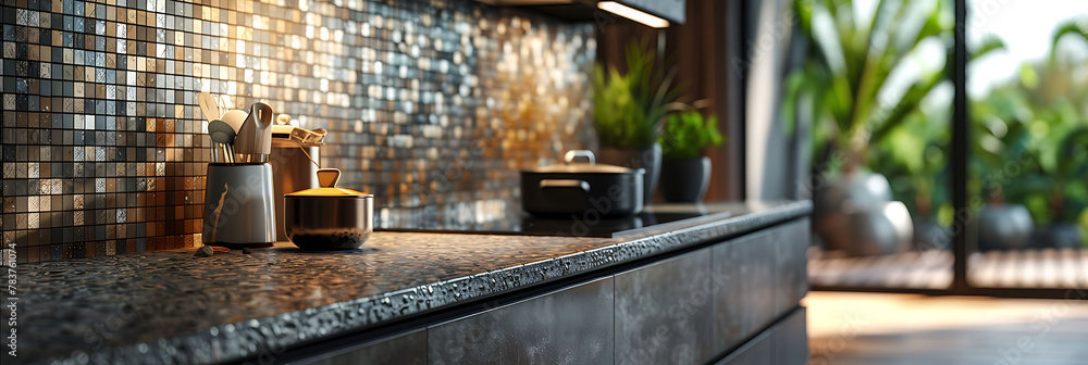 Close-up of a mosaic tile backsplash in a kitchen, hyperrealistic photography of modern interior design