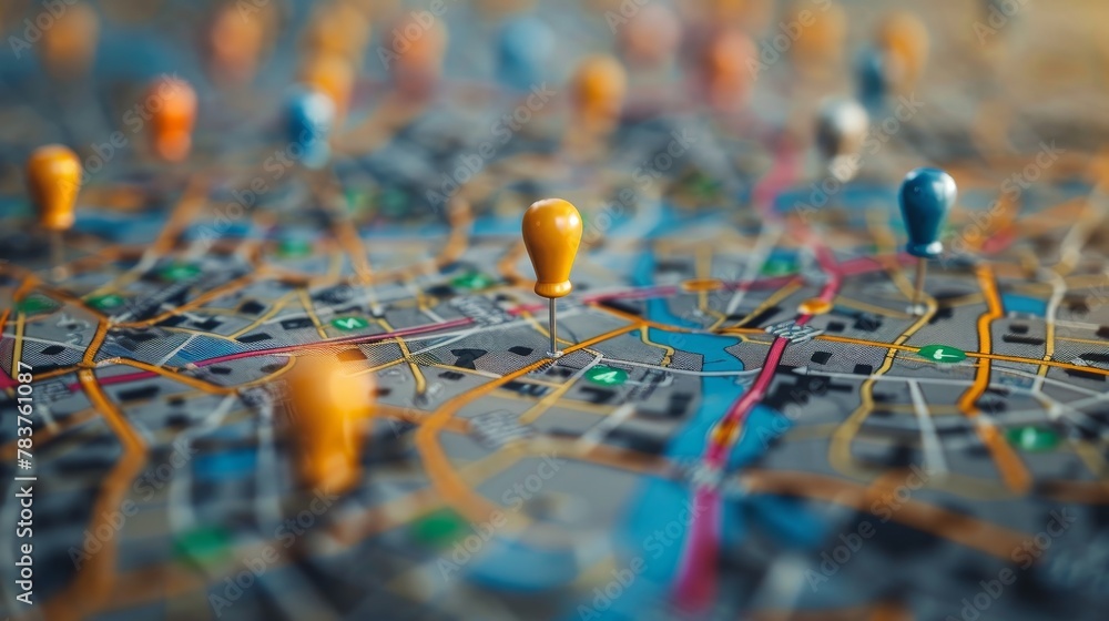 Business Location: A 3D vector illustration of a map with pins Business Location: A 3D vector illustration of a map with pins