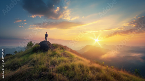 Hiker hiking stands on rock on mountain grass field during sunset clouds and sky #783761209