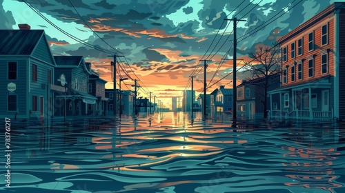 Climate Change: A 3D vector illustration of a flooded city street photo