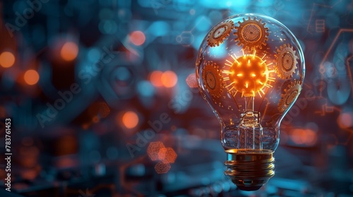 Creativity and Design: A 3D vector illustration of a lightbulb with gears and a computer chip inside