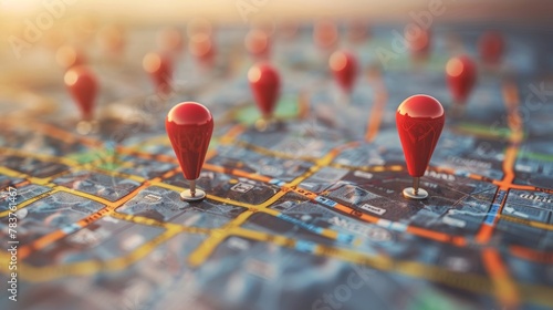 Customer Mapping: A 3D vector illustration of a map with pins representing customer locations