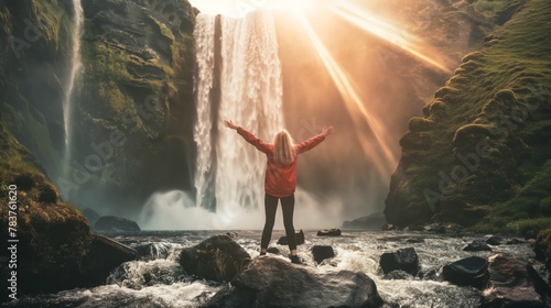 Woman stands on rocks in river open arms in front of big waterfall on high cliff photo