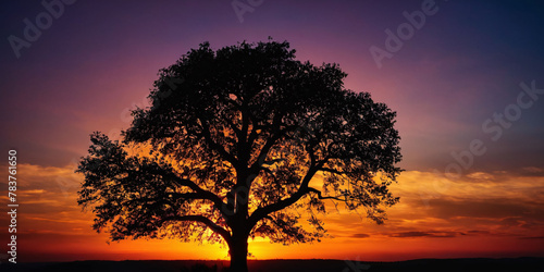  Solitary Silhouette. The silhouette of a lone tree stands stark against a vibrant orange and red sunset sky. © chick_david