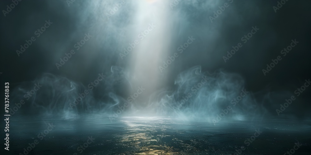 Solitary Beam of Light Piercing Through Dense Fog Creating a Spotlight on the Dark Floor Solitary Beam of Light Piercing Through Dense Fog Creating a Spotlight on the Dark Floor