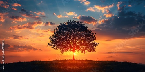 Silhouetted Tree at Sunrise or Sunset Symbolizing Growth and Potential
