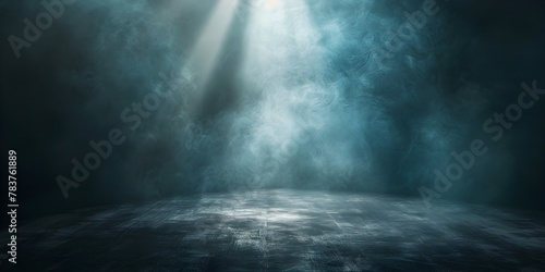Solitary Beam of Light Piercing Through Thick Fog Illuminates Dark Floor with Ample Copy Space
