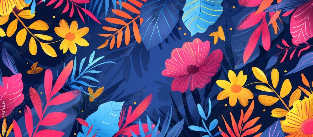 Vibrant pattern featuring a variety of colorful flowers and leaves perfect for wallpapers, backgrounds, textile prints, and more Vibrant pattern featuring a variety of colorful flowers and leaves perfect for wallpapers, backgrounds, textile prints, and more