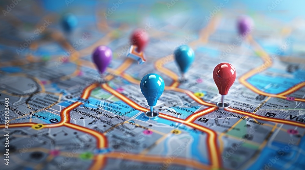 Event Planning: A 3D vector illustration of a map with pins representing different venues Event Planning: A 3D vector illustration of a map with pins representing different venues