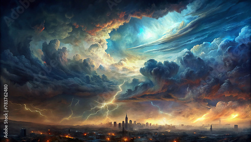 Illustration of abstract stormy clouds far from a distance above the night city
