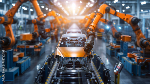 A car is being built in a factory with robotic arms. The car is orange and has a robotic arm attached to it. The scene is industrial and futuristic, with the orange car being the main focus