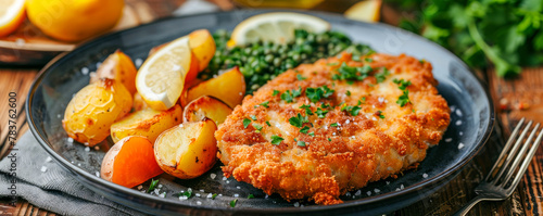 Golden Crusted Chicken Schnitzel with Roasted Potatoes and Peas