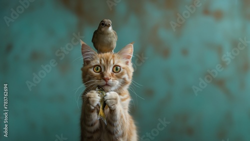 Katze mit Fisch und Vogel Nahaufnahme als Poster für Zoohandlung und Züchter photo