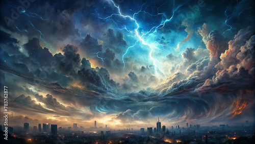 Illustration of stormy sky above a city full of lightning