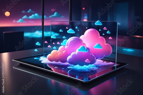 Neon light showing cloud computing on tablet computers design. neon light showing cloud computing on tablet computer design.  photo