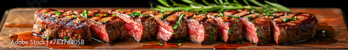 Sliced Medium-Rare Beef Steak on Wooden Board with Herbs