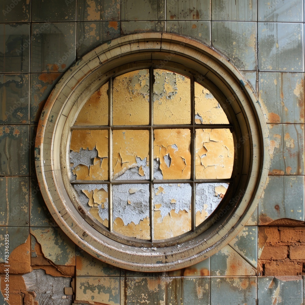 A round window in a decaying wall. A round window in a decaying wall.