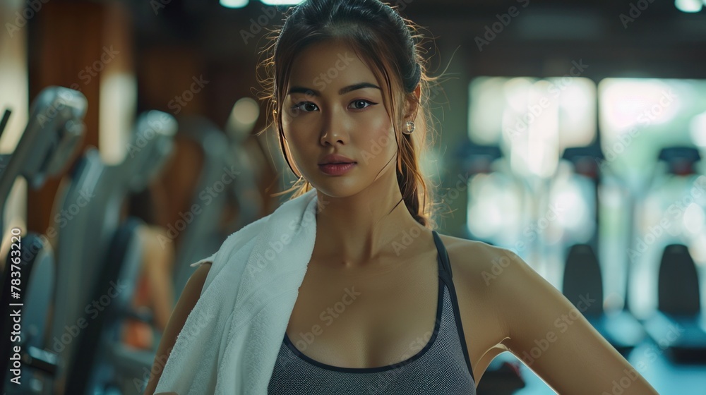 Young slim fitness Asian woman standing with a towel look at camera near handsome trainer while showing her schedule in the gym. Young slim fitness Asian woman standing with a towel look at camera near handsome trainer while showing her schedule in the gym.