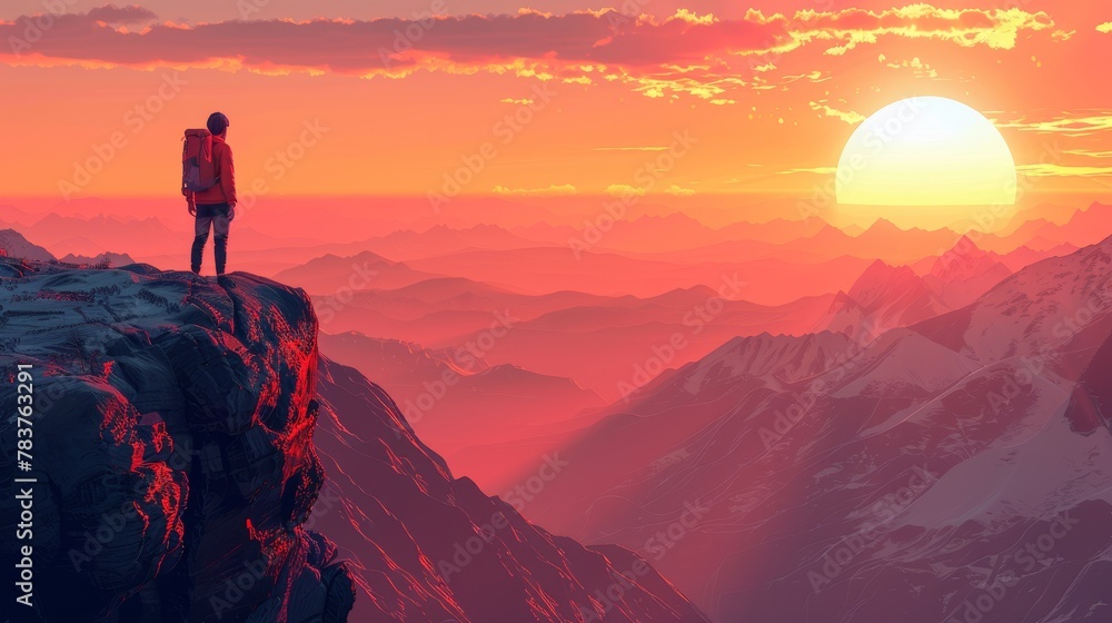 Travel and Exploration: A 3D vector illustration of a traveler standing on a cliff Travel and Exploration: A 3D vector illustration of a traveler standing on a cliff