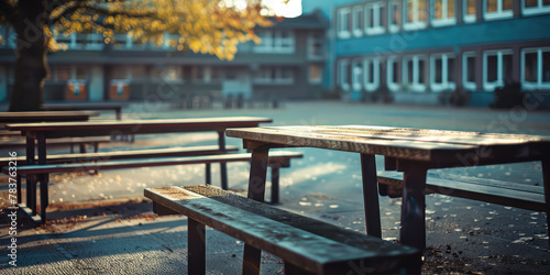 Empty schoolyard with a bench, nobody. Background for school website, school grounds landscaping for events. photo