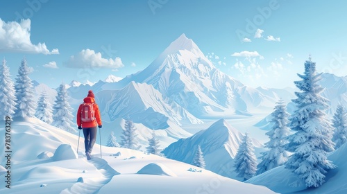 Travel and Exploration: A 3D vector illustration of a traveler hiking in a snowy mountain landscape