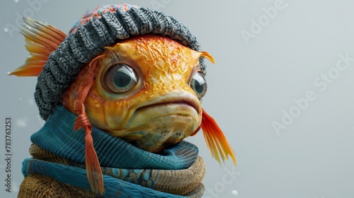 Whimsical character designed as fish in profile wearing a knitted cap and scarf against a grey backdrop with snowflakes