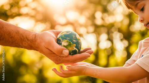 Concept of passing on the ressources of the earth. Adult hand handing a miniature version of the earth globe to the hands of a child, 