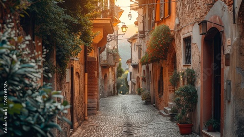 Quaint cobblestone street in an old Italian town adorned with plants and lanterns during golden hour