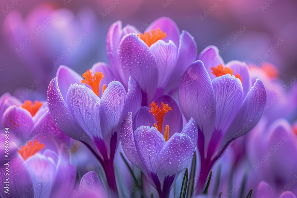 A close-up of lilac crocus flowers with morning dew drops, showcasing natures delicate spring beauty. A close-up of lilac crocus flowers with morning dew drops, showcasing natures delicate spring beauty.