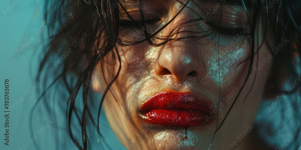 Portrait of a young sad crying woman with smeared red lipstick and flowing mascara on colored background with copy space. Portrait of a young sad crying woman with smeared red lipstick and flowing mascara on colored background with copy space.