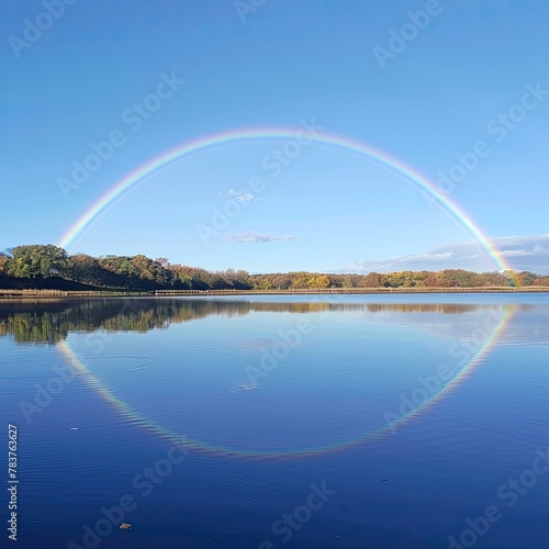 tranquil lake reflecting a full arc rainbow under a clear sky