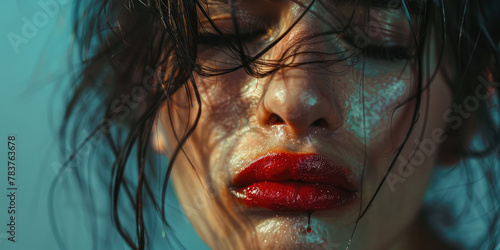 Portrait of a young sad crying woman with smeared red lipstick and flowing mascara on colored background with copy space.