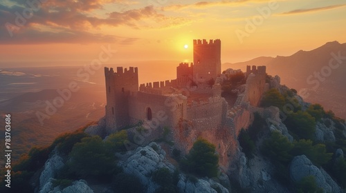 Sunset over an ancient mountaintop castle with towers and walls surrounded by trees photo