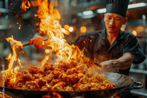 Asian chef works wok with fiery food photo