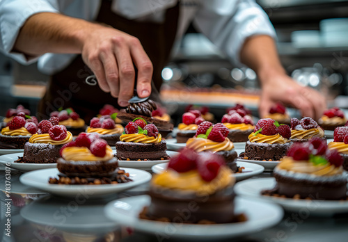 Chef decorating chocolate cakes with berries in the kitchen of the restaurant