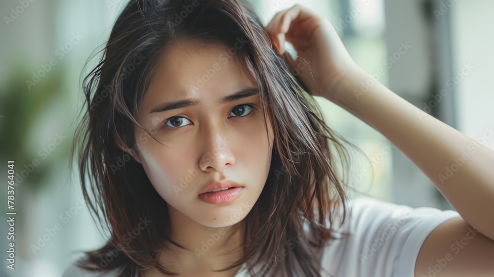 Naklejka premium Young asian woman having serious thin hair problem. AI generated