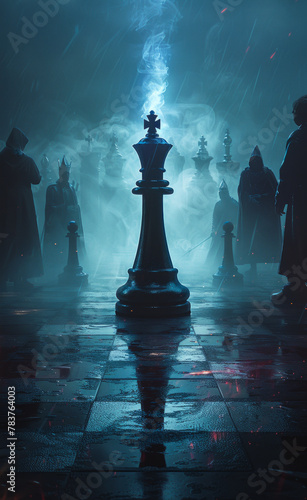 Chess pieces on rainy night. Dark chessboard with the king in checked black and white, surrounded by shadowy figures on each side of it