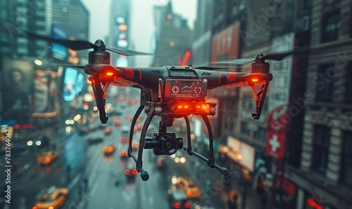 Drone flying over city. A drone carrying an emergency medical kit flying over the city streets, with skyscrapers in the background