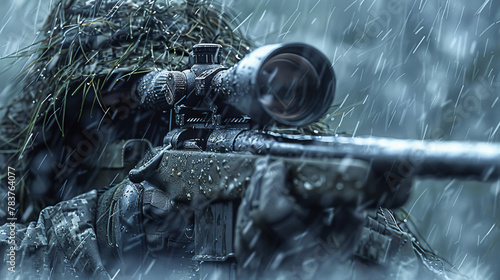A sniper hidden with camouflage in a downpour, focusing his rifle scope for precision