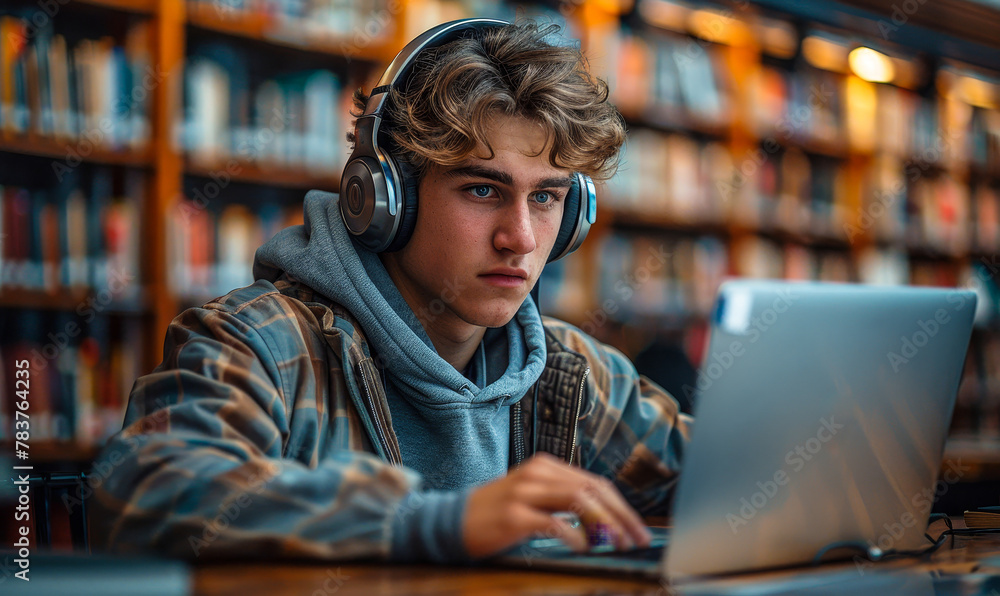 Diligent Student Studying Political Science with Laptop and Headphones, Focused on College Assignments in Library Setting. Diligent Student Studying Political Science with Laptop and Headphones, Focused on College Assignments in Library Setting.