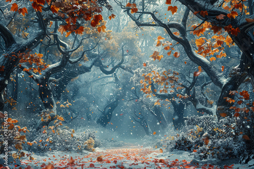 Generate a surreal depiction of a timeless grove, where the passage of seasons is distilled into a single moment: icy branches reach towards blooming flowers, while autumn leaves swirl amidst the gent photo