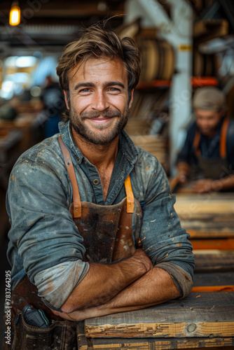 Portrait of handsome carpenter standing with his arms crossed and smiling in his workshop.