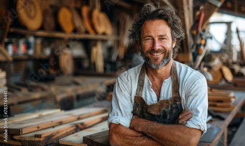 Portrait of handsome middle aged carpenter smiling and looking at the camera while standing with his arms crossed in his workshop with wood planks on the floor