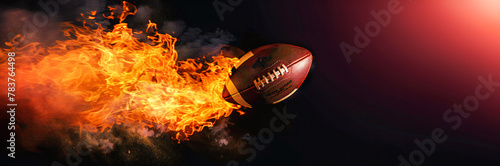 American football ball with bright flame flying on black background 