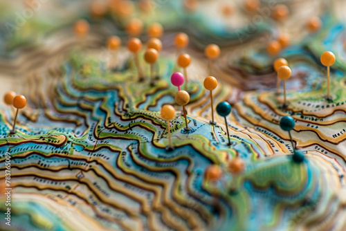 Cartographic Exploration: Map Pins on Contoured Terrain