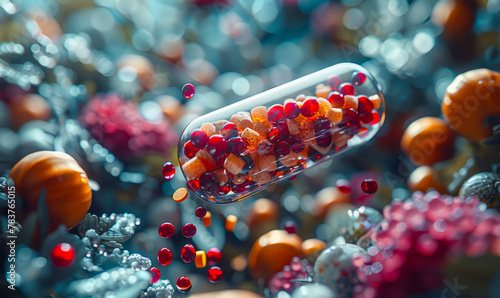 Multicolored pills and capsules fly out of glass bottle on dark background photo