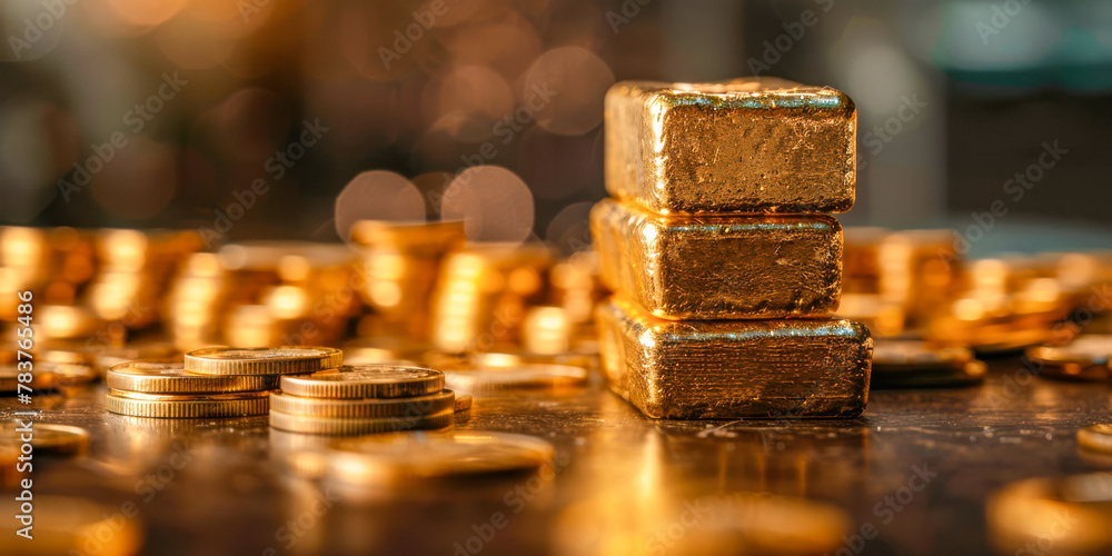 Shimmering Gold Bullion Stacked on a Background of Glowing Coin Shimmering Gold Bullion Stacked on a Background of Glowing Coin