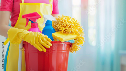Cleaning Staff Holding a Red Bucket Full of Cleaning Supplies